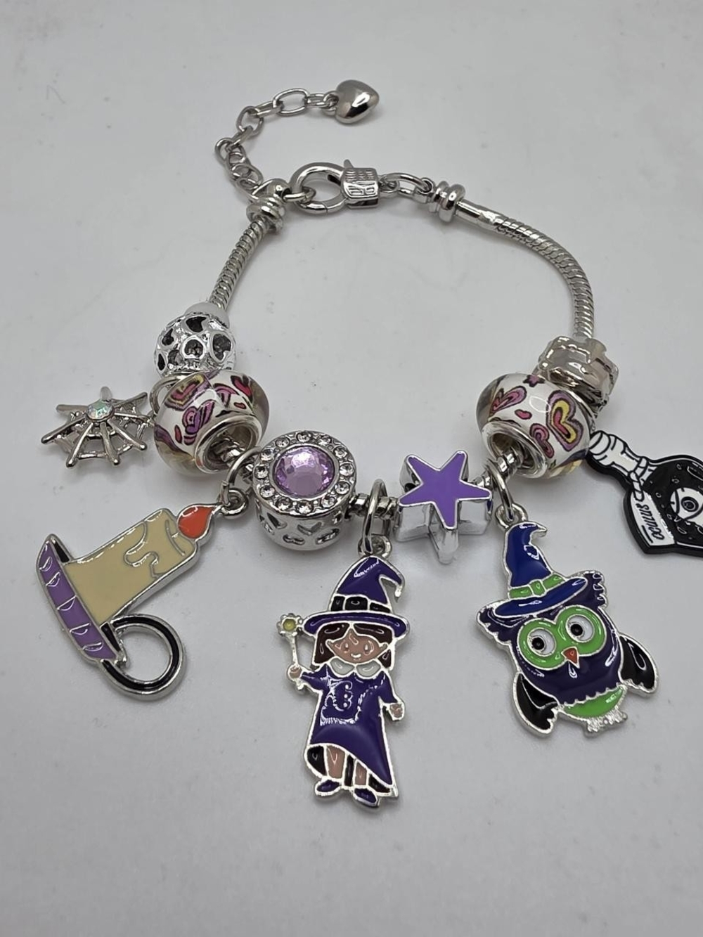 Silver Halloween Witch & Owl Charm Bracelet - Purple, Green, Pink